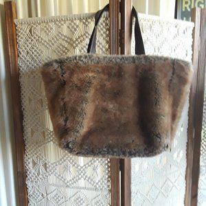 WOMENS RARE TOTE BAG PURSE BROWN FAUX FUR POTTERY BARN  20x13x5